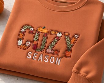 Cozy Season Fall Embroidered Shirt, Cute Pumpkin Autumn Graphic Pullover, Fall Vibes Apparel, Pumpkin Patch Outfit, Casual Holiday Gift