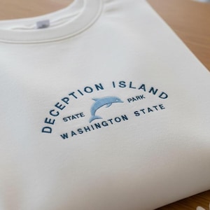 Deception Island Washington State Embroidered Sweatshirt – 100% Cotton Handmade Crewneck Jumper, Cozy Coastal Aesthetic Sweater