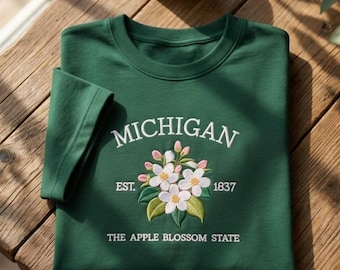 Michigan The Apple Blossom State Embroidered Sweatshirt, Floral Michigan Pride Crewneck, Retro Flower Gift Shirt, Aesthetic Cream Sweater