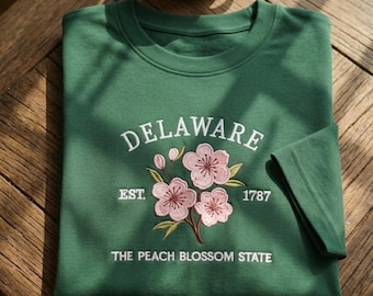 Delaware Peach Blossom Embroidered T-shirt, State Flower Tee, Botanical Embroidered Shirt, Nature Lover Gift, Floral Embroidery, Peach Tee