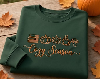 Cozy Season Book Pumpkin Embroidered Sweatshirt, Autumn Reading Pullover, Fall Vibes Apparel, Book Lover Gift, Casual Holiday Outfit