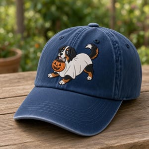 May include: A navy blue baseball cap featuring an embroidered graphic of a Bernese Mountain Dog wearing a white ghost costume. The dog is depicted holding an orange jack-o'-lantern candy bucket in its mouth, with visible stitching details.