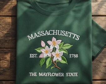 Massachusetts Flower Embroidered T-Shirt, Botanical State Floral Top, Mayflower Nature Gift, Hometown Pride Style, Floral State Roots