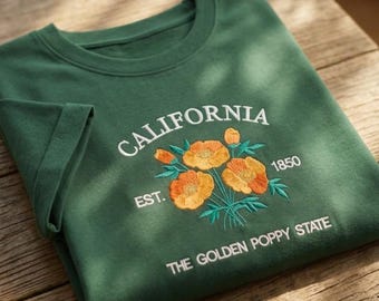 California The Golden Poppy State Embroidered Shirt, State Flower Embroidered Tee, California Gift, Floral Shirt, Custom Embroidery Shirt