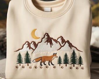 Forestcore Fox and Mountain Embroidered Sweatshirt, Nature Hiking Cottagecore Gift, Cozy Forest Animal Crewneck for Outdoor Lovers