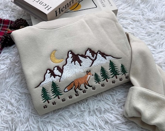Forestcore Fox and Mountain Embroidered Sweatshirt, Nature Hiking Cottagecore Gift, Cozy Forest Animal Crewneck for Outdoor Lovers