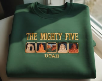 Embroidered The Mighty Five Utah Sweatshirt, National Park Arches Canyonlands Crewneck, Utah State Souvenir Sweater, Landscape Hiking Gift