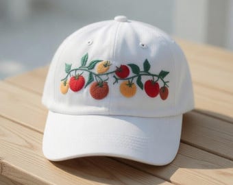 Tomato Vine Embroidered Hat, Botanical Garden Lover Gift Cap, Stitched Vegetable Fruit Cap, Cottagecore Aesthetic Accessory, Nature Gift