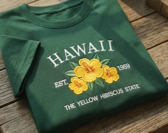 Hawaii The Yellow Hibiscus State Embroidered Sweatshirt, State Flower Embroidered Tee, Hawaii Gift, Floral Shirt, Custom Embroidery