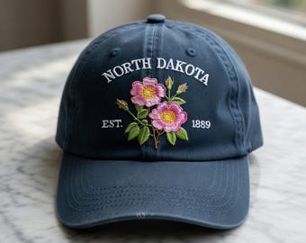 North Dakota Est 1889 Embroidered Hat, Wild Prairie Rose Baseball Cap, ND State Souvenir, Personalized Midwest Gift, Retro Style Floral Hat