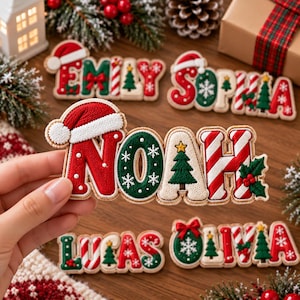 May include: A personalized Christmas name ornament featuring the name NOAH in raised, textured letters. The N is red with a Santa hat, the O is green with white snowflakes, the A is cream with a green tree, and the H is red and white striped.