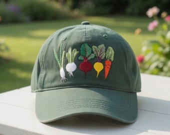 Embroidered Vegetable Garden Hat, Cute Carrot Radish Veggie Dad Cap, Retro Green Gardening Gift, Custom Nature Plant Lover Dad Hat