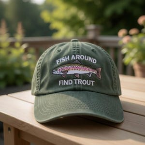May include: Olive green baseball cap with the text "FISH AROUND FIND TROUT" and a graphic of a trout. The hat is sitting on a wooden table. The background is blurred, showing greenery.