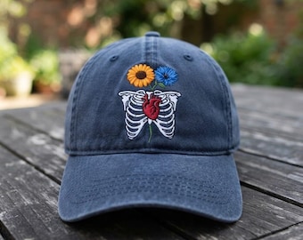 Skeleton Rib Cage With Flowers Embroidered Hat, Floral Anatomy Baseball Cap, Cute Fall Autumn Accessory, Spooky Season Gift Halloween Outfit