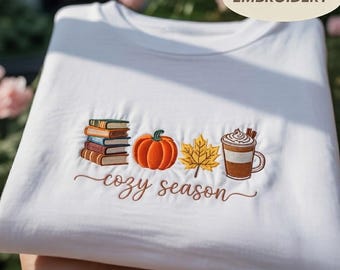 Cozy Season Embroidered Shirt, Books Pumpkin Autumn Icons Pullover, Cute Fall Season Apparel, Book Lover Gift, Casual Fall Outfit