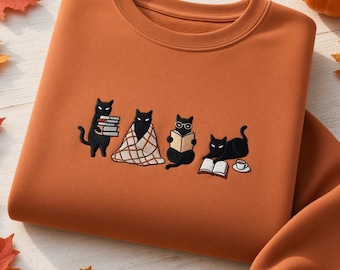 Reading Black Cats Embroidered Sweatshirt, Cute Bookworm Cat Pullover, Library Autumn Apparel, Book Lover Gift, Fall Cozy Outfit