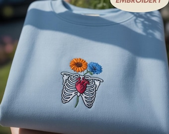 Skeleton Rib Cage With Flowers Embroidered Shirt, Floral Anatomy Pullover, Cute Fall Autumn Gift, Spooky Season Apparel, Halloween Outfit