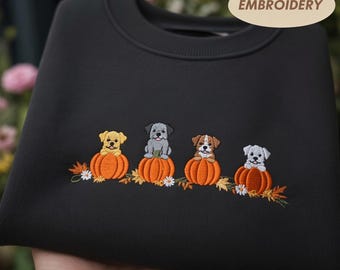 Dog In Pumpkin Embroidered Sweatshirt, Cute Fall Puppy Pullover, Autumn Animal Graphic Apparel, Dog Mom Fall Gift, Casual Outfit