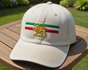 Embroidered Persian Lion Sun Cap: Shir o Khorshid Logo Hat, Heritage Symbol