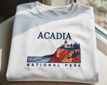 Embroidered Acadia Sweatshirt, Maine National Park Lighthouse Crewneck, East Coast Travel Souvenir Sweater, Minimalist Hiking Gift Shirt