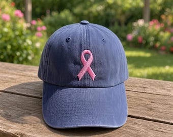 Breast Cancer Awareness Ribbon Embroidered Hat, Pink Ribbon Baseball Cap, Hope Support Accessory, Fighter Survivor Gift Vintage Wash Dad Hat