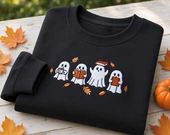 Reading Ghost Embroidered Shirt, Cute Spooky Season Pullover, Ghost With Books Halloween Gift, Fall Autumn Apparel, Funny Graphic Shirt