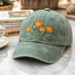 California Poppy Wildflower Embroidered Hat, Personalized Floral Baseball Cap, Bespoke Botanical Cotton Hat, Nature Lover Gift, Flower Cap