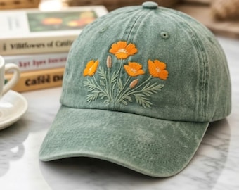 California Poppy Wildflower Embroidered Hat, Personalized Floral Baseball Cap, Bespoke Botanical Cotton Hat, Nature Lover Gift, Flower Cap