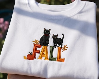 Black Cat Fall Embroidered Sweatshirt, Cute Halloween Autumn Icons Pullover, Pumpkin Spice Gift, Witchy Fall Season Apparel