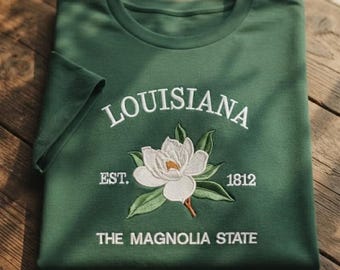 Louisiana Magnolia Embroidered T-shirt, State Flower Tee, Botanical Embroidered Shirt, Nature Lover Gift, Floral Embroidery, Magnolia Tee
