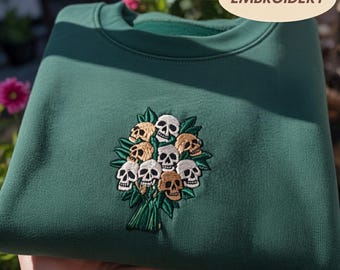 Skull Bouquet Embroidered Shirt, Gothic Floral Anatomy Pullover, Cute Fall Autumn Gift, Spooky Season Apparel, Halloween Outfit