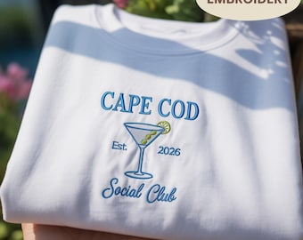 Cape Cod Social Club Embroidered Sweatshirt, Est 2026 Vacation Pullover, Martini Cocktail Apparel, Travel Gift, Coastal Beach Sweater