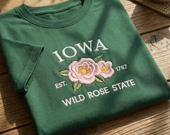 Iowa Wild Rose Embroidered T-shirt, State Flower Tee, Botanical Embroidered Shirt, Nature Lover Gift, Floral Embroidery, Rose State Tee