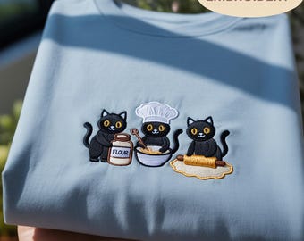 Cute Spooky Cats Baking Coffee Embroidered Sweatshirt, Halloween Fall Season Pullover, Autumn Cat Lover Sweater, Kawaii Harvest Apparel