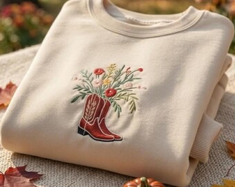 Autumn Floral Boot Embroidered Sweatshirt, Fall Season Pullover, Thanksgiving Gift, Cozy Fall Outfit, Pumpkin Spice Vibes Sweater