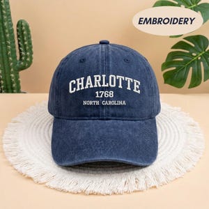 charlotte hat, north carolina, nc state pride, city icon hat, 1768 icon cap, embroidered hat, baseball cap, aesthetic hat, nc souvenir gift, blue washed hat, vintage icon hat, minimalist icon, southern icon cap