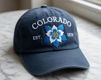 Embroidered Colorado Rocky Mountain Hat, State Flower Columbine Cap, Nature Lover Travel Accessory, Aesthetic Outdoor Adventure Headwear