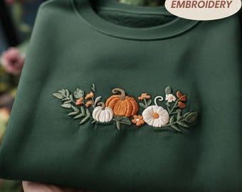 Pumpkin And Flowers Embroidered Sweatshirt, Cute Autumn Floral Pullover, Fall Vibes Apparel, Pumpkin Patch Outfit, Casual Gift