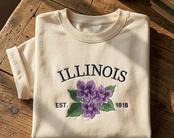 Illinois Embroidered Shirt, The Violet State Sweatshirt, Illinois Flower Crewneck, Minimalist Travel Aesthetic Shirt, Botanical Floral Shirt