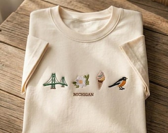 Embroidered Michigan Sweatshirt, Minimalist State Pride Crewneck, Mackinac Bridge Ice Cream Shirt, Travel Souvenir Sweater, Northern State