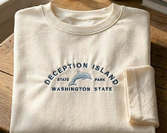 Deception Island Washington State Embroidered Sweatshirt – 100% Cotton Handmade Crewneck Jumper, Cozy Coastal Aesthetic Sweater