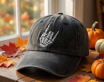 Skeleton Hand Embroidered Hat, Rock Hand Gesture Cap, Gothic Embroidered Cap, Edgy Hat, Halloween Embroidered Hat, Embroidery Cap