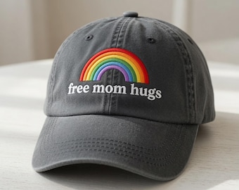 Gorra bordada "Abrazos de mamá gratis", gorra de béisbol del Orgullo Arcoíris, regalo para aliados LGBTQ para ella o para él, gorras de apoyo al desfile del Orgullo de algodón lavado vintage