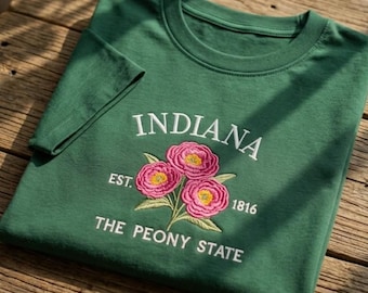Indiana Peony Embroidered T-shirt, State Flower Tee, Botanical Embroidered Shirt, Nature Lover Gift, Floral Embroidery, Peony State Tee
