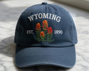 Wyoming State Flower Hat, Indian Paintbrush Embroidered Cap, Est 1890 Wyoming Pride Hat, Aesthetic Floral Cap, Souvenir Travel Gift Cap