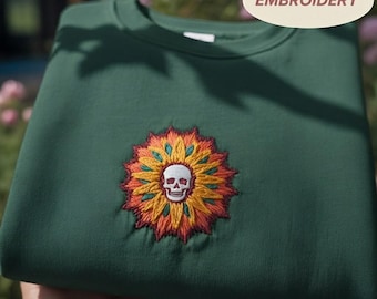 Gothic Skull Sun Embroidered Shirt, Celestial Fall Autumn Pullover, Spooky Season Gift, Holiday Apparel, Halloween Outfit