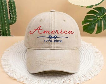 America 1776-2026 Embroidered Hat, USA 250th Anniversary Baseball Cap, Minimalist Patriotic Coquette Bow Design, Red White Blue Women Gift