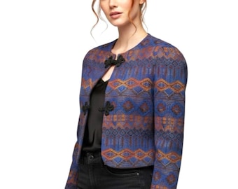 Chaqueta de noche corta vintage de los años 80 en jacquard azul cobrizo, talla M, cierre de rana. Boutique