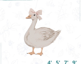 Diseño de bordado a máquina de un adorable ganso travieso: Ganso encantador con lazo, archivo de bordado grandmillennial, diseños encantadores, descarga instantánea