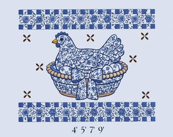 Archivo de diseño de bordado chinoiserie de gallina vintage en nido, banco de madera con forma de corazón de pollo de granja, archivos de máquina de ganso de arte popular cottagecore, digital